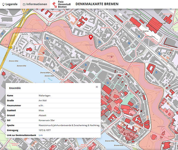 Screenshot Denkmalkarte Bremen Kartenansicht von Denkmäler in Bremen