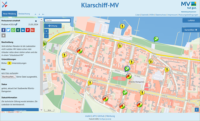 Klarschiff-MV Rignitz-Dammtor Kartenausschnitt Rignits-Dammtor mit Informationenleiste links
