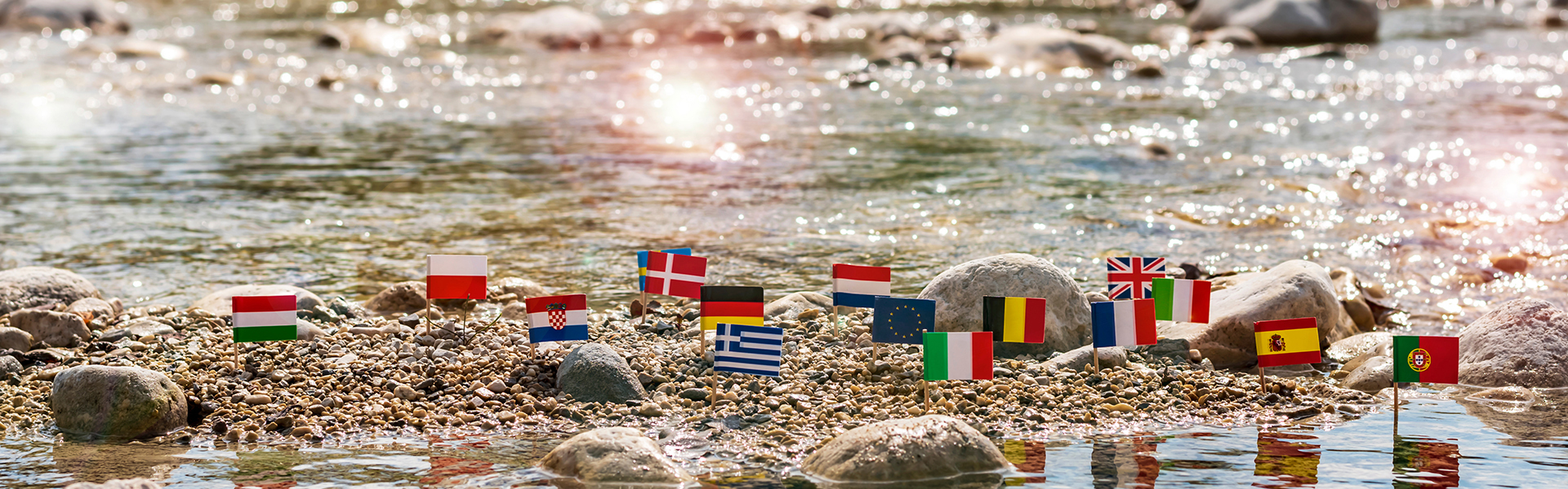 River with flags of Europe