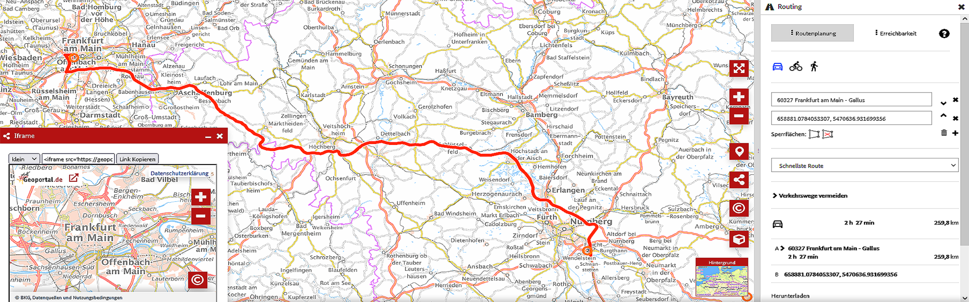 Routing Tool und iFrame im Geoportal.de Ansicht der Webseite geoportal.de mit Routing tool