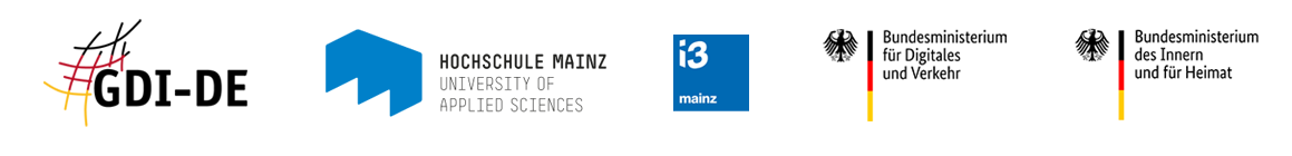 Veranstalter #hack4GDI-DE 2024 Logo GDI-DE, HS Mainz. i3 mainz, BMDV, BMI