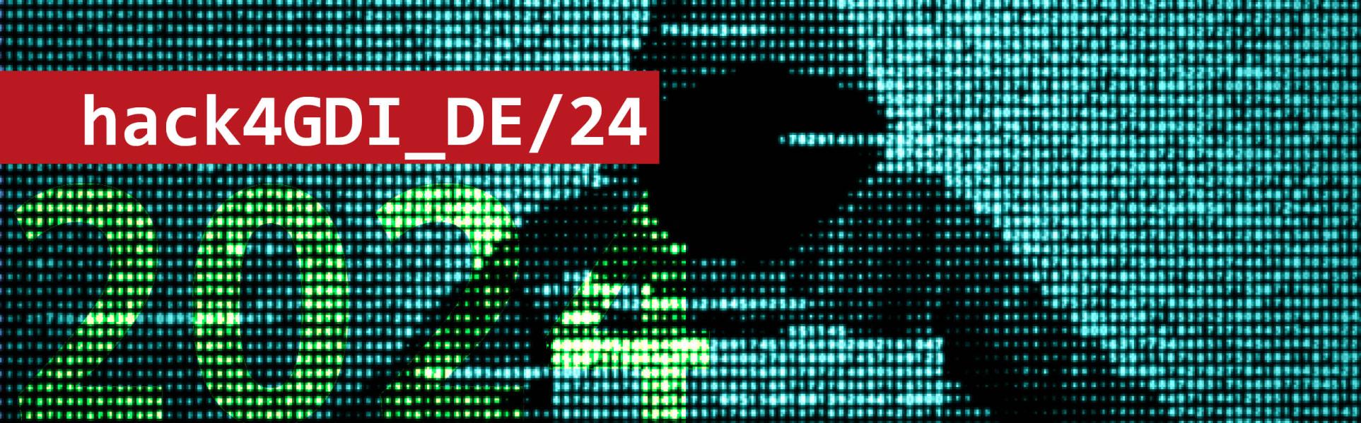 Hackathon der GDI-DE 2024 schwarze Gestalt mit Hoodie und hack4GDI_DE Schriftzug
