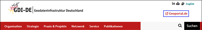 Screenshot Kopfleiste www.gdi-de.org mit blauem Rahmen um Geoportallink