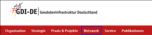 Screenshot rote Navigationsleiste www.gdi-de.org mit blauem Rahmen Netzwerk