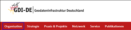 Screenshot rote Navigationsleiste www.gdi-de.org mit blauem Rahmen Organisation