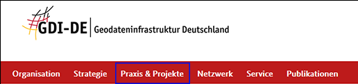 Screenshot rote Navigationsleiste www.gdi-de.org mit blauem Rahmen Praxis & Projekte
