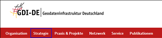 Screenshot rote Navigationsleiste www.gdi-de.org mit blauem Rahmen Strategie