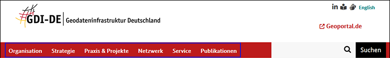 Screenshot Kopfleiste www.gdi-de.org mit blauem Rahmen um First-level-Navigation