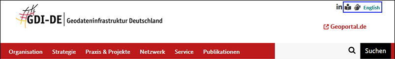 Screenshot Kopfleiste www.gdi-de.org mit blauem Rahmen um Servicenavigation