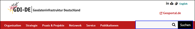 Screenshot rote Navigationsleiste www.gdi-de.org mit blauem Rahmen Suche