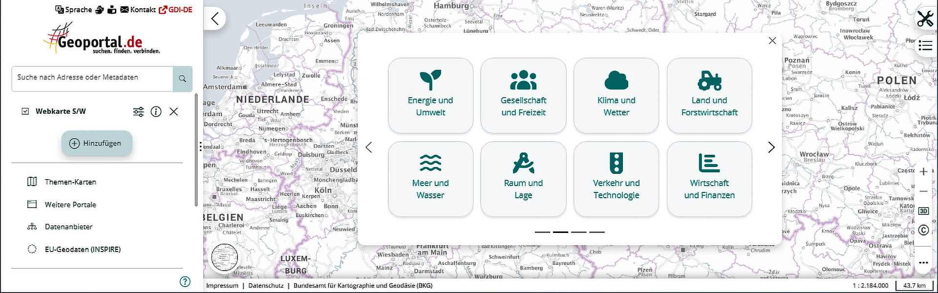 Screenshor Startseite geoportal.de-Navigationsleiste und thematische Kartenauswahl
