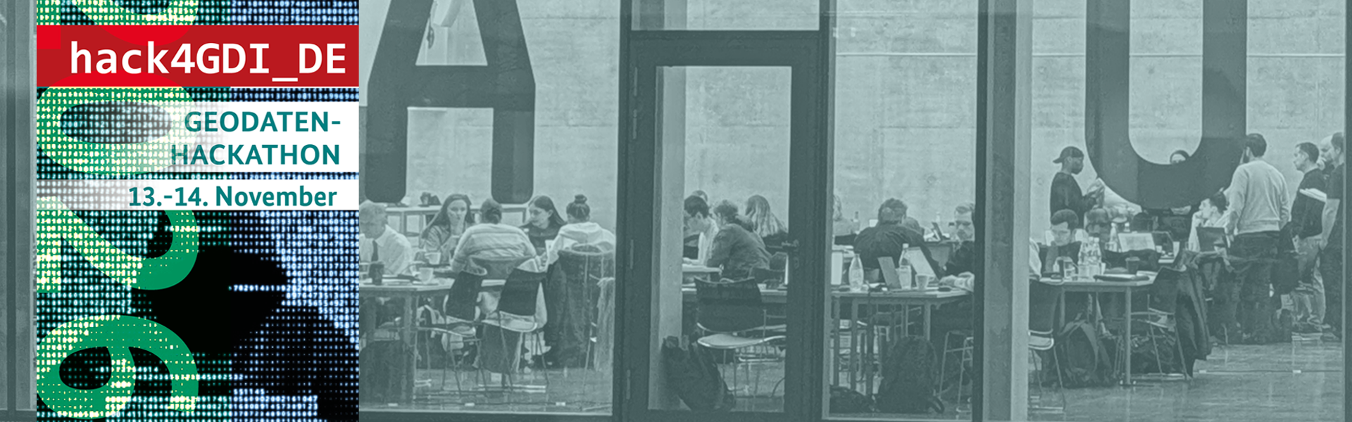 #hack4gdi_de 2026 Personen an Tichen die arbeiten und Banner mit Eckdaten für Hackathon