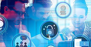 Personen sprechen und kreise mit symbolen